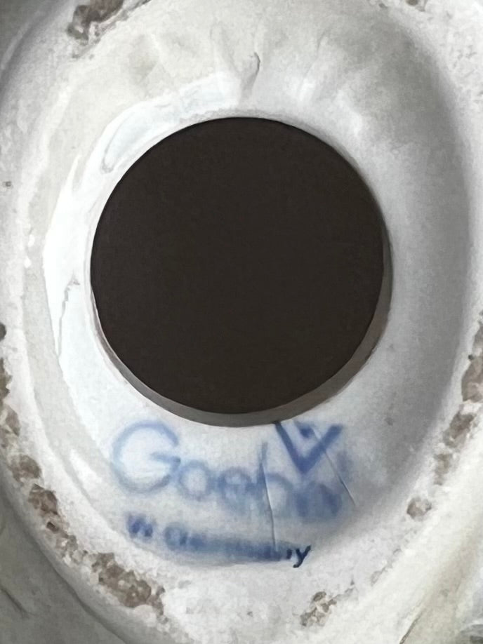 Goebel West Germany blue underglaze mark with script logo and V-bee, base of porcelain sparrow