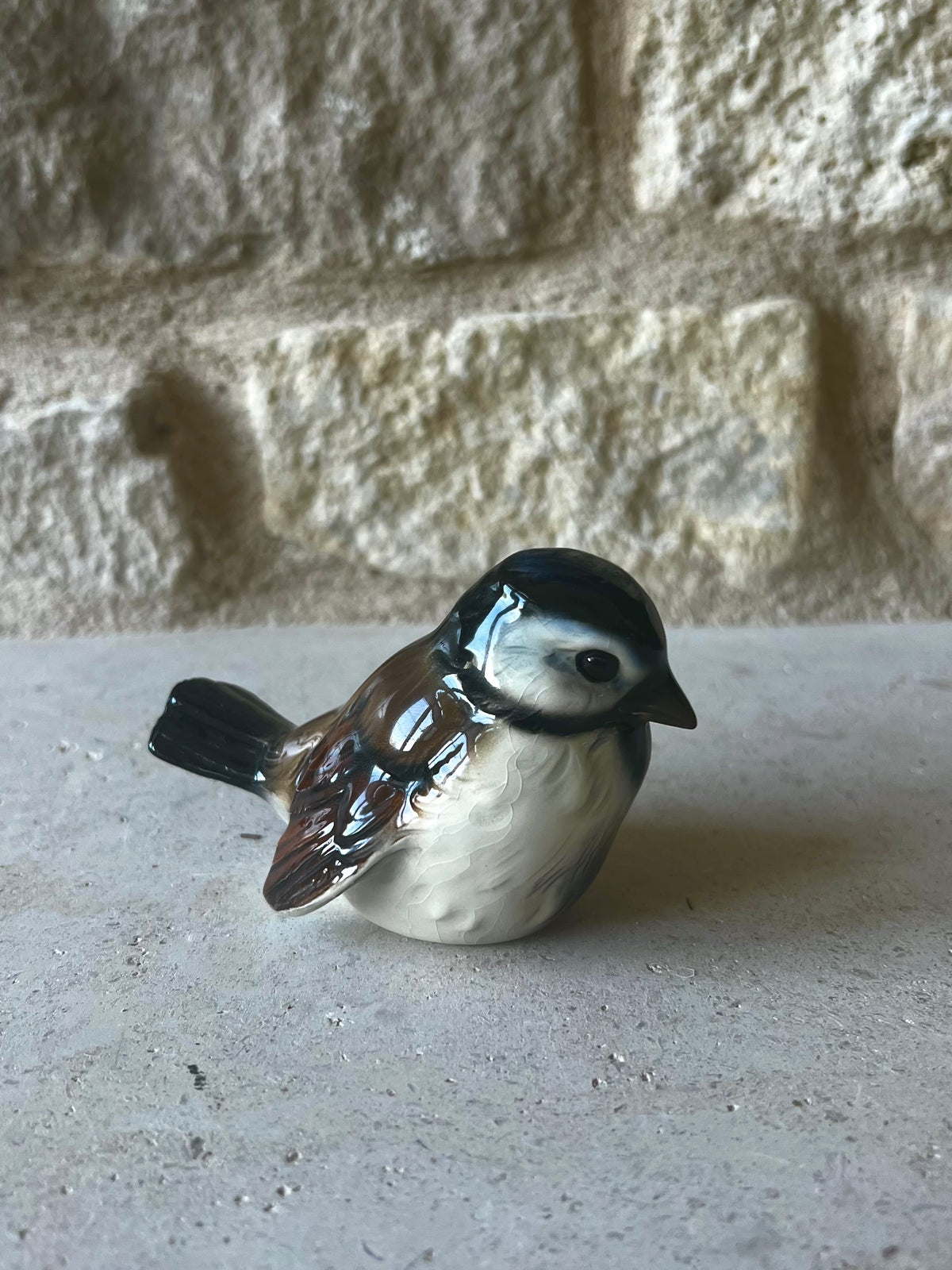 Goebel porcelain sparrow figurine, West Germany, black cap, white cheeks, brown wings, front view