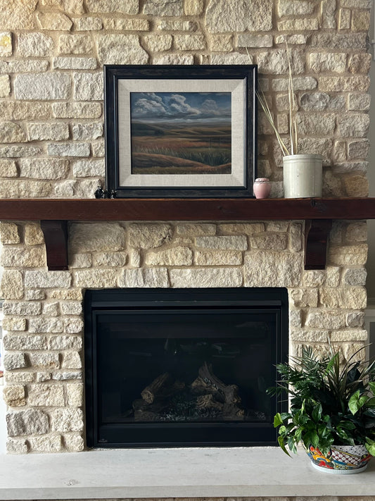 Rookwood Pottery 1922 Vellum glaze pink jar on limestone fireplace mantel, dark wood, prairie landscape painting