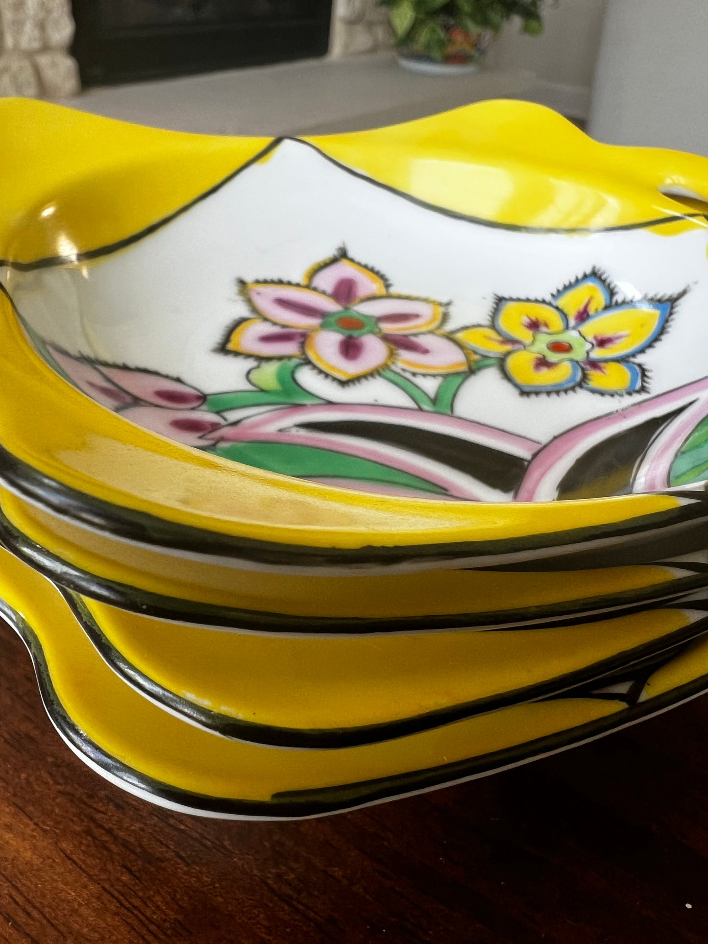 Noritake Art Deco Handled Dishes, Set of Four – M in Wreath, Hand Painted, Made in Japan