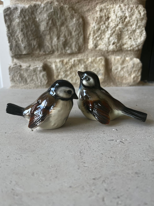 Goebel porcelain sparrow figurines, pair, West Germany, brown and black glaze, facing each other