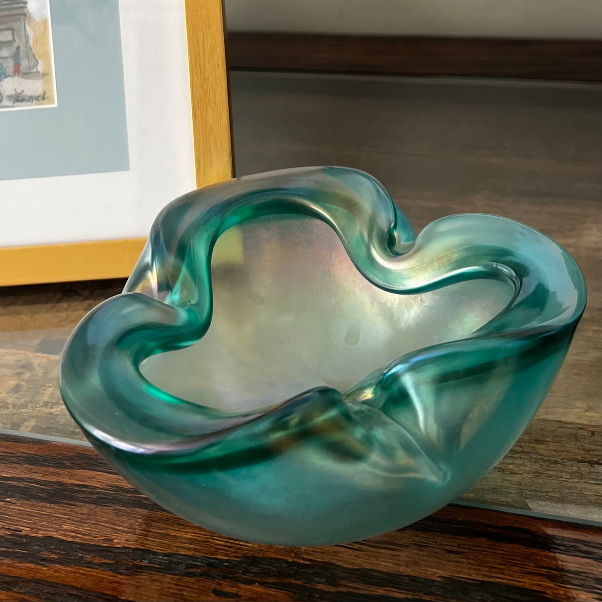 Barbini Murano iridescent teal art glass bowl, side profile, heavy glass body