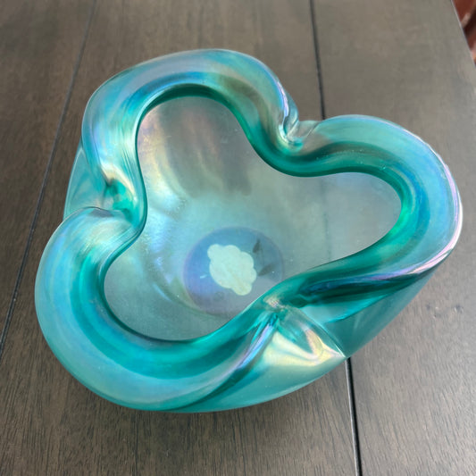 Barbini Murano iridescent teal art glass bowl, mid-century, pinched quatrefoil rim