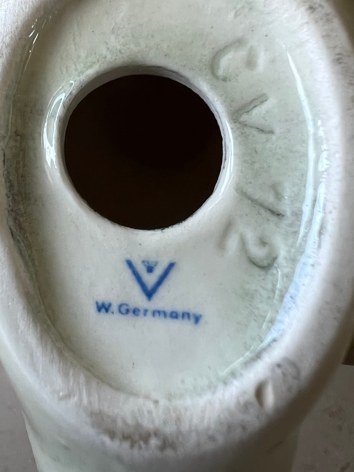 Goebel V-bee West Germany blue underglaze mark, no script logo, base of second porcelain sparrow