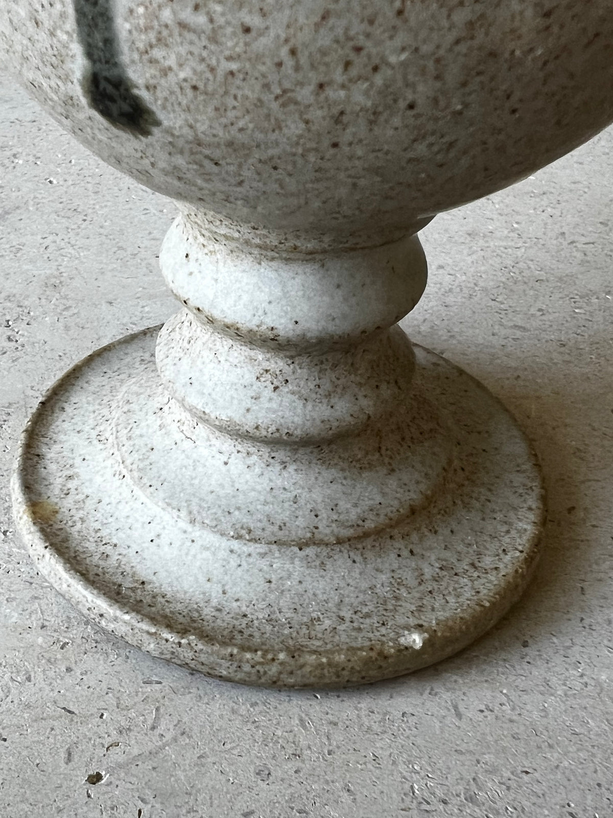 Stoneware goblet stem, stacked ring knops, speckled oatmeal glaze, wide foot