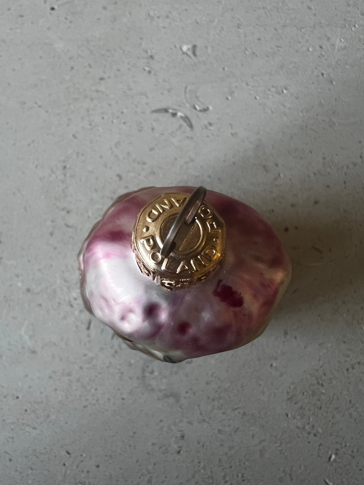 Stamped “Poland” gold metal cap on pink Polish glass owl ornament