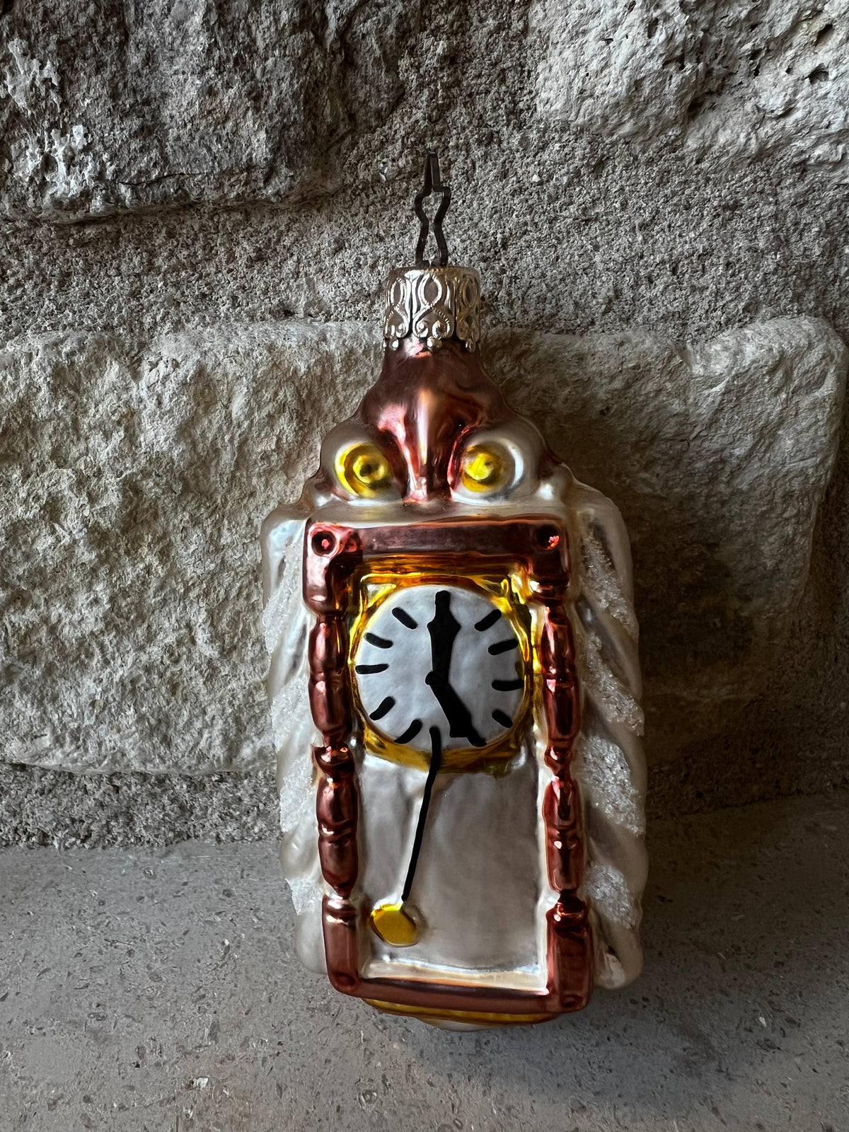 W. Germany blown glass grandfather clock ornament, pink and gold, painted face and pendulum