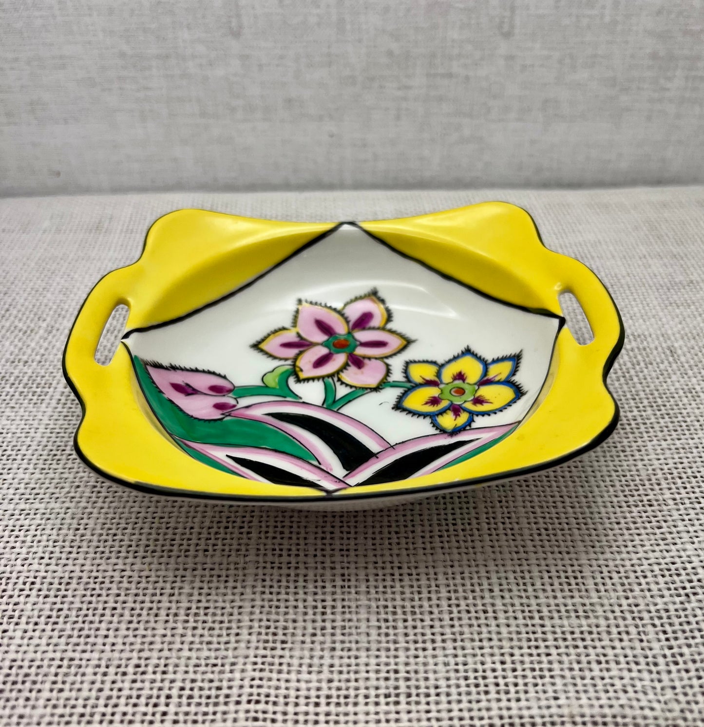 Noritake Art Deco Handled Dishes, Set of Four – M in Wreath, Hand Painted, Made in Japan