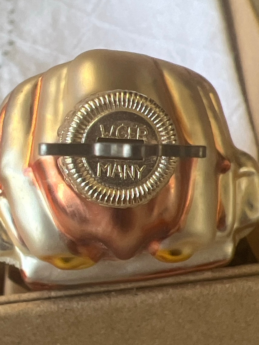 Stamped W. Germany metal cap on pink and gold glass clock ornament