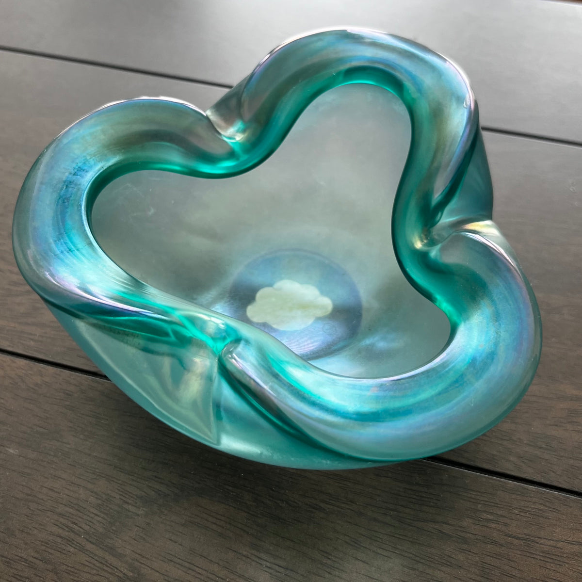 Barbini Murano mid-century teal glass bowl, iridescent finish, thick folded rim